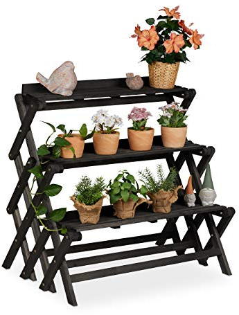 Relaxdays Etagère à Fleurs, intérieur & extérieur, 3 Niveaux, Pliant, Autonome, marches Plantes, Bois, 85,5x90x55, Noir