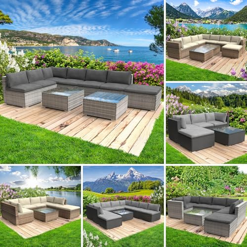 BRAST Gartenmöbel Lounge Set | 6-7 Personen viele Modelle & Farben | inkl. extra Dicke Kissen | Outdoor Loungemöbel Sitzgruppe Essgruppe Garnitur | Relax Grau