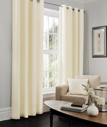 LJ Luxury Faux Silk Curtains Eyelet Top Fully Lined Ring Top Curtain Pairs With Two Tie Backs (Cream, 66 wide x 90 drop)