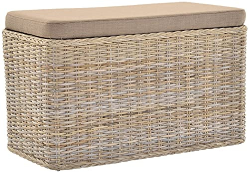 Rattan Wäschekorb Wäschetruhe Sitz gepolstert Honig, Flur-Bank Aufbewahrungsbox mit Deckel Bad-Hocker Sitzhocker Wäschesammler Sitz-Truhe Natur (Grau Natur, Rechteckig)