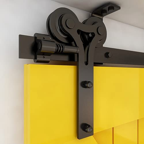 CCJH 9FT/274cm Schiebetürbeschlag Set Schiebetürsystem Deckenmontage Klammern Schwarz komplettes Set mit Y Form Laufrollen und Hängeschiene Für Doppeltür