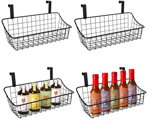 4 Stück Organizer für Schranktür, Schranktür-Organizer, Gitter-Aufbewahrungskörbe mit Haken, Metall-Hängekorb, Küchenaufbewahrung, Organizer für Speisekammer, Badezimmer, schwarz, 27,7 x 15,5 x 9,1 cm