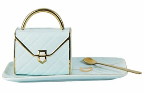 Anvirtue Handbag-Shaped Creative Ceramic Mug With Saucer Porcelain Tray & Spoon for Coffee, Hot Chocolate, Cappuccino, and Latte Breakfast (LIGHT BLUE)