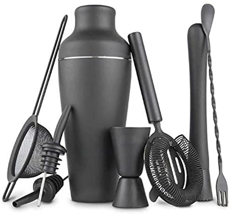 SHALOLY Bartender Kit8pcs Mate Negro Acero Inoxidable Coctelera Mezclador Coctelera de Vino para Bartender Drink Party Bar Herramientas Herramienta