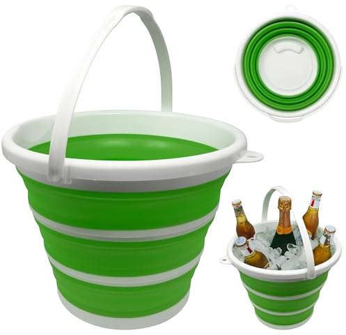 10L Collapsible Bucket with Handle | BPA-Free Foldable Round Tub for Fishing, Camping, Travel & Outdoor Use | Space-Saving Water Container for Hiking, Car Trunk, Picnic & Kitchen (White & Green)