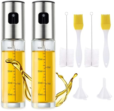 LoNinLoAn 2 Stück Ölsprüher zum Kochen 100ml Öl Sprühflasche Glas Ölspender Zerstäuber Olivenölsprüher mit Trichter&Reinigungsbürste für Salat Grillen Backen in der Küche