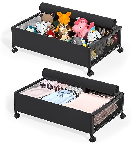 Hanstore Undersängsförvaring med hjul, förvaringsbox för underbädd, förvaringslåda i metall, förvaringslåda för undersängar, rullande undersängsförvaring för skor, kläder, leksaker, mellanmål, böcker