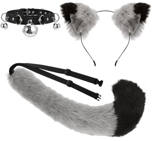 XEPST Katze Cosplay Kostüm Set, Grau Schwanz und Ohren Set Faux Furry Fox Wolf Tail Kit mit Langer Fuchsschwanz und Ohren und Glockenkragen für Karneval Party Dekoration Kostüm Dressing Parteien