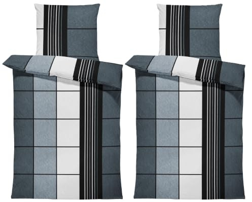 one-home Winter Bettwäsche Thermo Fleece Kuschelig Warme Bettbezüge Flauschig Warm Weich, Größe:4 teilig 155x220 cm, Farbe:Kariert grau schwarz