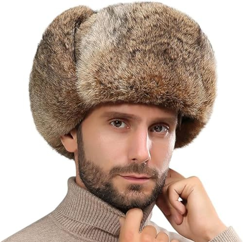 Hommes Chapka en Fausse Fourrure Thermique Chapeau de Trappeur Épais Doux Bonnet d'Hiver Russe avec Cache-oreilles Chaud Chapeau d'Aviateur Cosaque Coupe-vent Anti-froid pour Ski Patinage Chasse