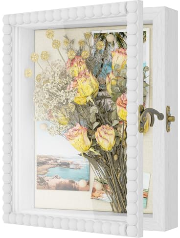 Love-KANKEI Cadre 3D Profond avec Vitre pour Objet 20*25cm,Cadre Photo Carrée Bois Profondeur 3.6 cm,Cadre de Boîte avec Fermoir Vintage pour de Photos Fleurs Souvenirs Médailles Cadeau,Blanc
