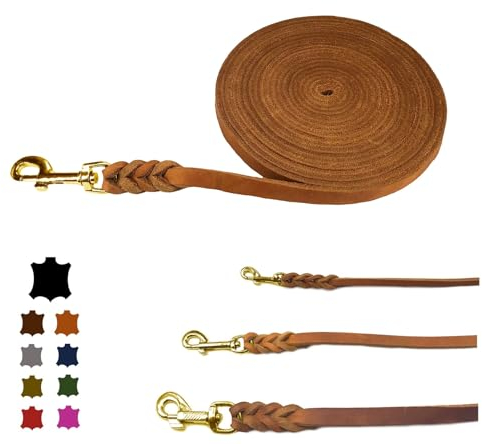 Hundeleine Fettleder/Schleppleine Leder Messing/Lederleine kleine Hunde & große Hunde / 2m / 3m / 5m / 10m / 15m /20m (Cognac OHNE Handschlaufe, 5m / 12mm)