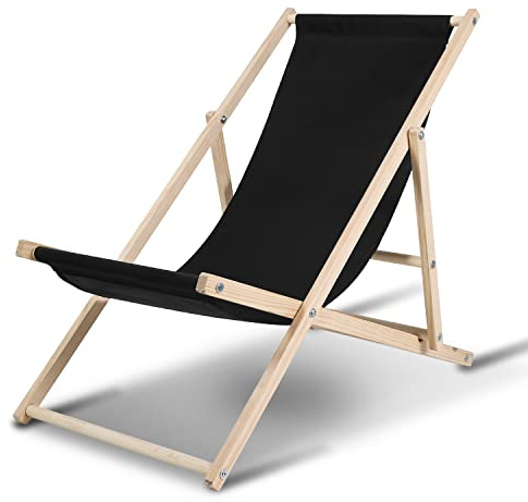 Hebitod Liegestuhl Holz Klappbar, Balkon Strandstuhl Sonnenliege mit 3-stufiger Neigungsregulierung der Rückenlehne, Abnehmbar Sonnenstuhl Relaxsessel, für Camping Freizeit Strand, Schwarz