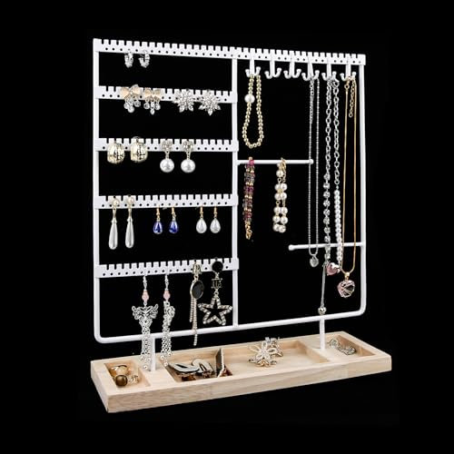 eggigi Schmuckhalter, Organizer, Ständer für Ohrringe, Halsketten, Ringe, Armbänder, Display und Aufbewahrung, 5-stöckiger Ohrstecker-Halter mit Holztablett, Schwarz + Holz (weiß)