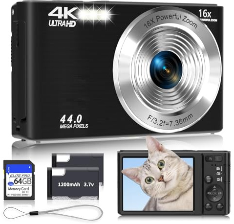 Fotocamera digitale 4K, 2026, fotocamera nera per adolescenti, autofocus, fotocamera digitale per bambini con zoom 16X, scheda SD da 64 GB, piccola fotocamera compatta per ragazzi, ragazze