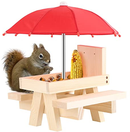 Sonhomay Eichhörnchen-Futterstation für den Außenbereich, lustiger Eichhörnchen-Futtertisch mit Regenschirm, für Garten, Hof, Baum