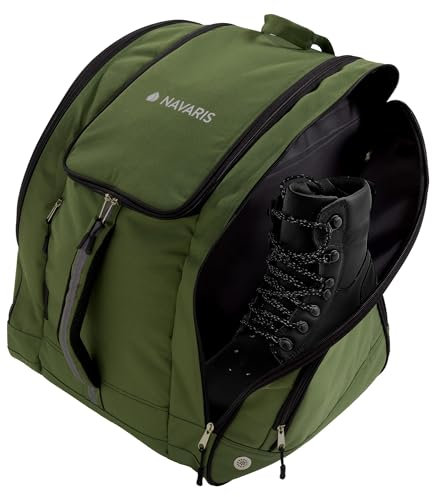 Navaris Skirucksack Grün - Großer Stauraum & wasserabweisendes Material - Skischuhtasche und Helmtasche - Ideal für Skiausrüstung - Stiefeltasche - Skischuhe bis Größe 11