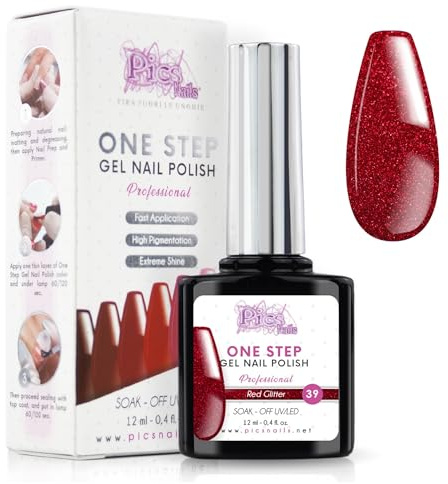 One Step Gellack Nagellack UV/LED One Step 12 ml - Roter Glitzer - UV Nagellack Für Glänzende Nägel Sofort Mit oder Ohne Basis und Top Coat