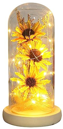 Preserved Sunflower Rose in Glass Dome Gift for Women,Eternal Sunflower Preserved Flowers, Sunflower in Glass for Home Decoration,Unique Eternal Gift for Birthday,Christmas,Anniversary (Yellow)
