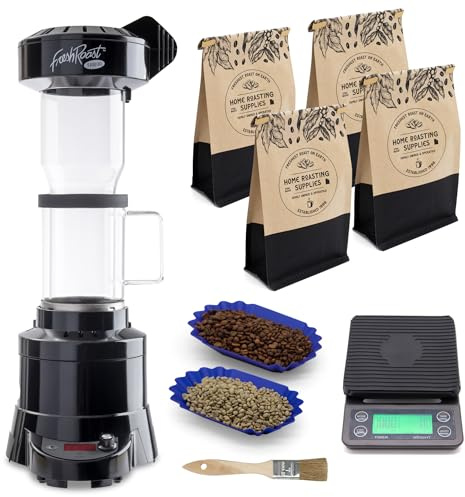 Fresh Roast Coffee Roaster Bundle SR800, Glass Extension Tube, Pour Over Digital Scale, (4lbs) Sample Pack of Green Beans, (2-Pack) Sample Trays, Chaff Brush