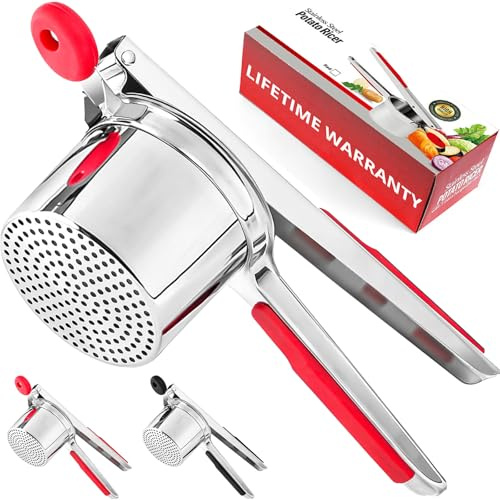 WIHBOIR Potato Ricer Stainless Steel, Silicone Potato Masher for Silky Yummy Mashed Potatoes, 15 oz Food Press, Red