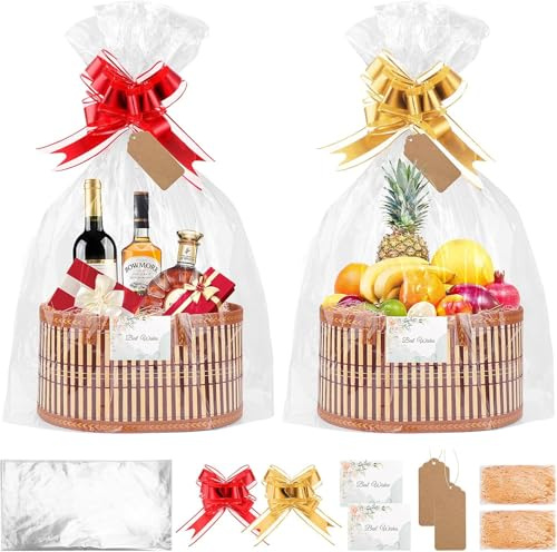 SelfTek Geschenkkorb Leer Groß - 2 Set Geschenkkorb mit Präsentkorb Leer Geschenkfolie Transparent, Füllmaterial, Schleifen, Grußkarte, Etikett, 30x20x15cm Präsentkorb Leer für Weihnachten (Braun)