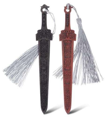 LLOUSSAK 2 Stück Lesezeichen, Natürliche Hölzerne Schwert Vintage Lesezeichen mit Quasten für Studenten, Lehrer und Buchliebhaber
