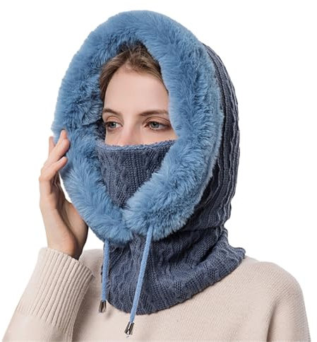 Kapuzenschal Damen Wintermütze, Maskenset, mit Kapuze for Damen, gestrickt, Kaschmir, Hals, warm, Outdoor, Ski, Winddicht, Mütze, Dicker Plüsch, Flauschige Mützen(Deep Blue)