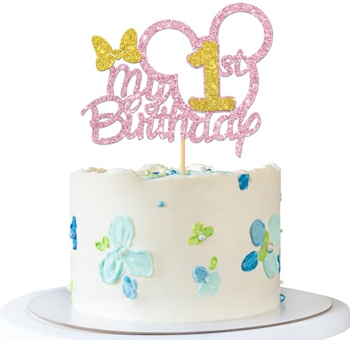 My 1st Birthday Cake Topper - Gender Reveal Party Cake Supplies - Baby Shower - Bow 1st Birthday Party Decoration - Pink Glitter