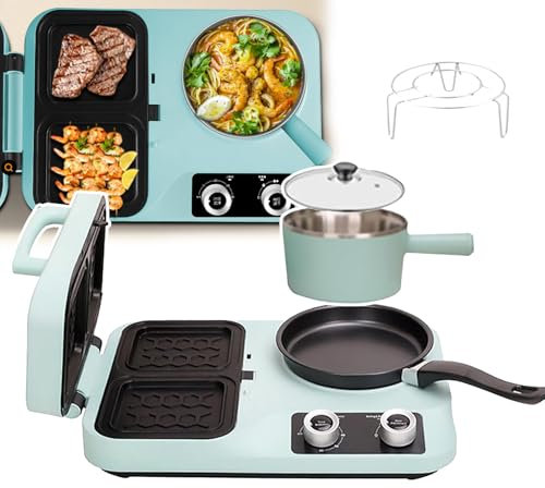 HEGGMKK 4-In-1 Breakfast Station, 1500W Toast Press Toaster, Dual Zone Work + 60min Timing, Non-stick Pan + Removable, Easy to Clean, for Home, Office, Dormitory,Light Green