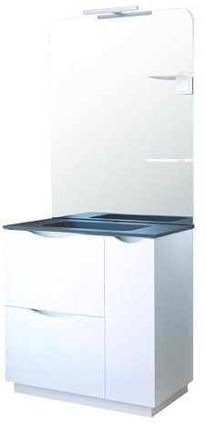 ONDÉE - Meuble Salle de Bain à Poser avec Plan Vasque Noir - 2 tiroirs et 1 Porte à Fermeture Progressive - Miroir avec Spot LED - Largeur 80cm - laqué Blanc - élégant et Pratique - Modèle Palermo