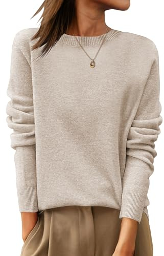 ANRABESS Womens 100% Wool Sweaters Long Sleeve Crewneck Work Business Casual Basic Sweater Tops 2025 Fall Outfits Apricot Small
