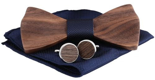 Hauojaus ​​Holzfliege Herren, Fliege Herren mit Manschettenknöpfe und Einstecktuch aus Massivholz, Braun, 12 x 5.6 cm / 4.72 x 2.2 in, Sehr gut geeignet für Hochzeit, Festivität, Geschenk​