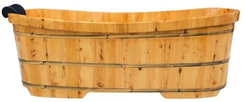 PA-DABAOO Freistehende Sauna-Badewanne Aus Holz, Ergonomisches Kurvendesign, Ganzkörperbadewanne, Lordosenstütze, Ovale Badewanne Aus Massivholz, Wassersparendes Design,1.6m/5.2ft