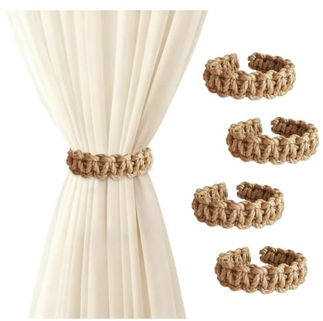 GIDWRIY 4 Pezzi Fermatende E Raccogli Tenda,Cravatte per Tende Intrecciata,Embrasse per Tende Boho,Ferma Tenda Macrame da Esterno Interno,Accessori Per Camera da Letto per Casa, Ufficio, Soggiorno