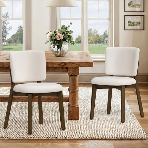 LUE BONA Esszimmerstühle 2er Set, Leinen-Optik Polsternder Stühle Esszimmer mit Fester Rückenlehne, Modern Küchenstühle Gepolstert, Stoff Essstühle mit Back und Holzbeinen für Esszimmer, Cremeweiß