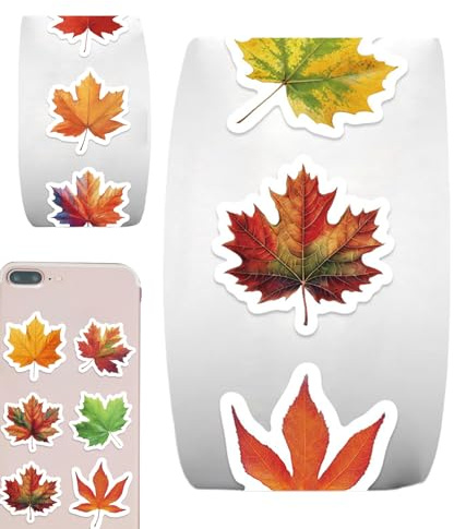 Aufkleber Herbst, 500 PCS Herbst Aufkleber Für Kinder, 6 Farben Stickerrollen Herbstlaub-Sticker, Ahornblätter Blätter Deko Für DIY-Herbstparty-Dekorationen Für Kinder, Fenster, Umschläge