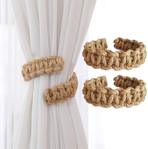 2 Piezas Alzapaños de Cortina, Sujeta Cortinas Boho con Diseño Trenzado, Sujetadores Decorativos para Salón y Dormitorio, Accesorios para Cortinas de Material Natural (Marrón)