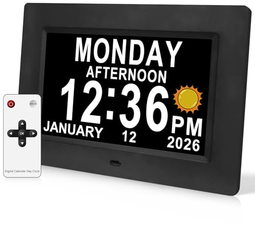 Jaihonda Orologio digitale con calendario demenza con giorni e date e ora del giorno per anziani con icone sole/luna+15 sveglie+telecomando orologio digitale per anziani