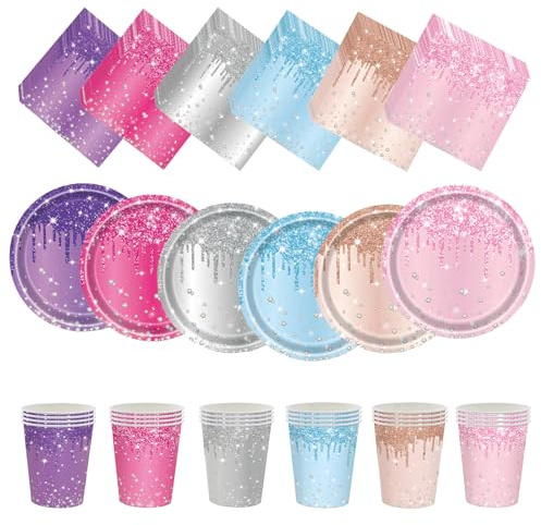 Rainbow Shiny Glitter Party Tableware Set for Girls Women,90pcs Colourful Diamond Themed Birthday Princess-Party Disposable Dinnerware Paper Plates Cups Napkins for Her Birthday Party