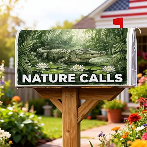 Fundas magnéticas para buzón, diseño de cocodrilo, lirios rústicos con temática natural, helechos de verano, verde, cubierta de buzón de temporada para decoración de jardín al aire libre, patio, 21 x