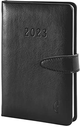 Chronoplan 50823 Buchkalender Kalendarium 2023, im handlichen Mini Format (ca. A6, 95x140 mm), Lederimitat, Wochenplaner (1 Woche auf 2 Seiten, mit Magnetverschluss und Stiftehalter), schwarz