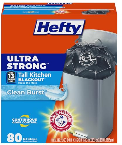 Hefty Ultra Strong 13 Gallon Trash Bags, Black Tall Kitchen Trash Bags 13 Gallon Size, Break Resistant Drawstring Enclosure, Continuous Odor Control, Blackout, Clean Burst Scent, 80 Bags