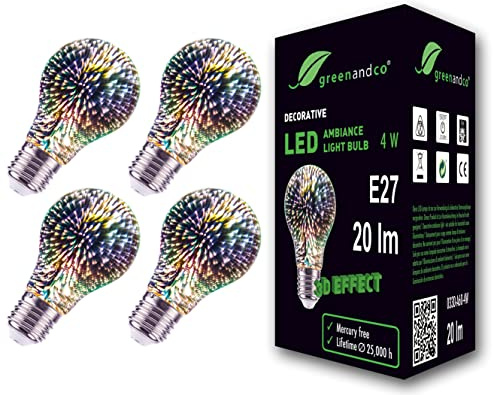 4x Lampadina a LED greenandco® con effetto fuochi d'artificio 3D per un'illuminazione d'atmosfera decorativa E27 A60 4W 20lm 360° 230V, nessun sfarfallio, non dimmerabile