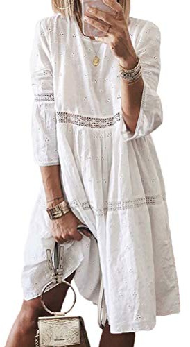 Minetom Robe de Soirée Femme Chic Dentelle à Fleurs Broderie Manche 3/4 Robes Cocktail Élégant Col Rond Grande Taille Dress Blanc 48