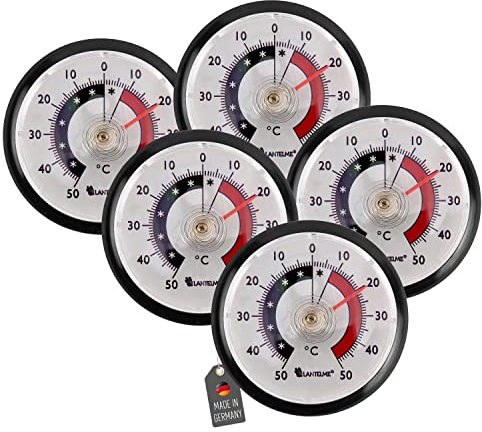 Lantelme 5 Stück Kühlschrankthermometer Set selbstklebend Temperatur + - 50°C | Analog Thermometer für Gefrierschrank Kühltheke Kühlschrank zum ankleben | Temperaturmesser Farbe Schwarz