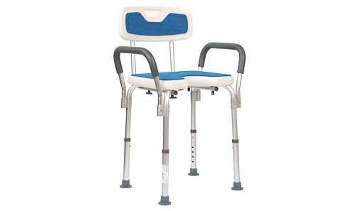 Homecare Innovation® Duschstuhl mit Rückenlehne und Armlehnen - Mit blauen, rutschfesten Kissen - Verstellbarer Duschhocker bis 136 kg