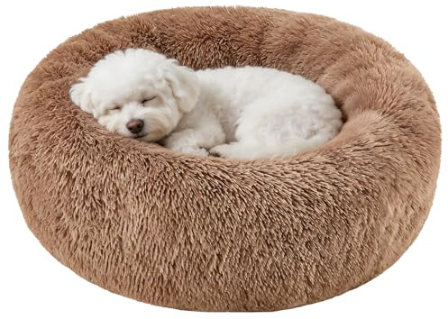 Dog Calming Beds for Small Medium Large Dogs - Round Donut Washable Dog Bed, Anti-Slip Faux Fur Fluffy Donut Cuddler Anxiety Cat Bed(28 Khaki