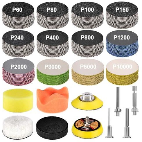 199 Stk 50 mm Nass-Trocken Schleifscheiben, 60-10000 Körnung Klett-Papier | Bohrer Schleifaufsatz Polier Kit Scheinwerfer Reparatur Kit mit Rotationswerkzeugen für Auto Metall Glas Harz Holz Schmuck