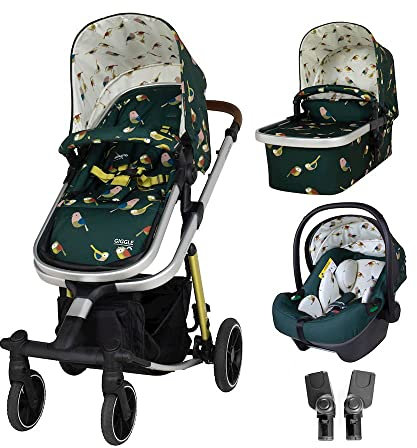 Cosatto Giggle Trail 3 in 1 Travel System - Birth to 20kg - Mutli Terrain Tyres - Includes iSize Car Seat & Adapters & Matching Raincover (Birdland)